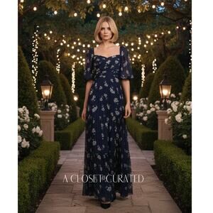 Self Portrait Panzy Floral Chiffon Maxi Dress 6 Blue